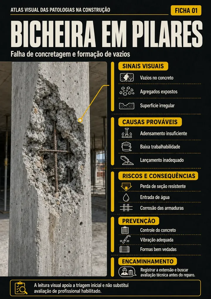 Ficha técnica sobre bicheira em pilares, com sinais visuais, causas prováveis e prevenção.