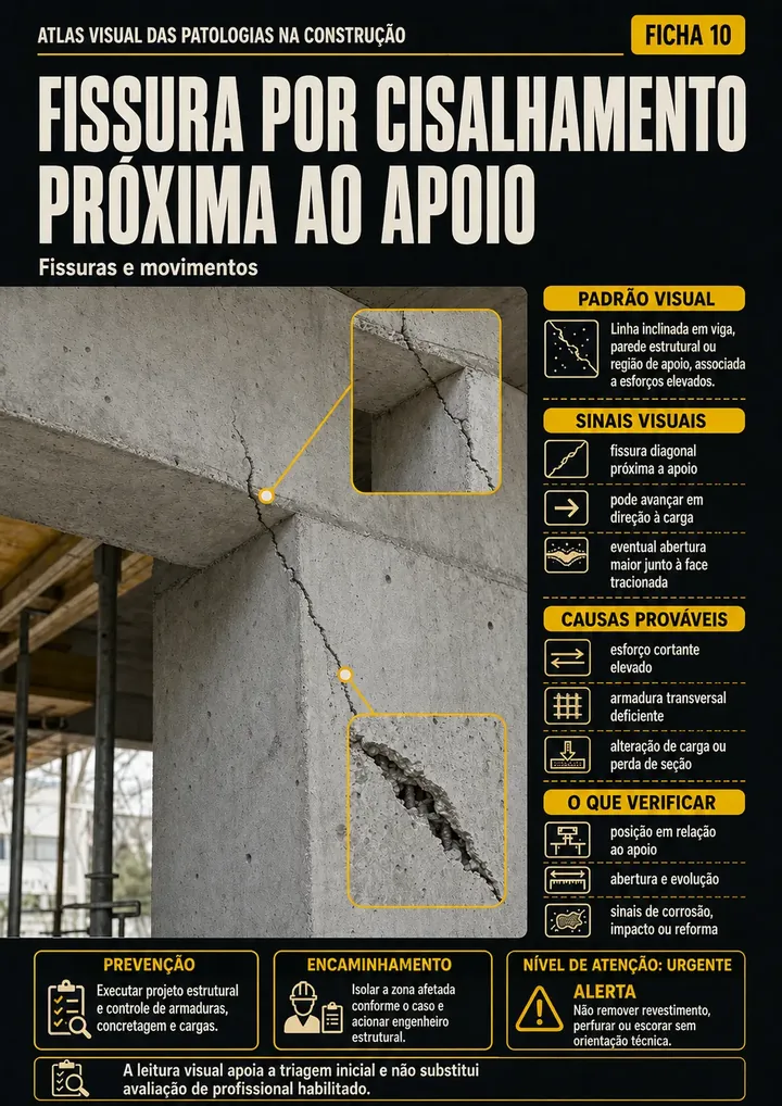 Ficha técnica ilustrada de uma manifestação patológica, com fotografia marcada e níveis de atenção.