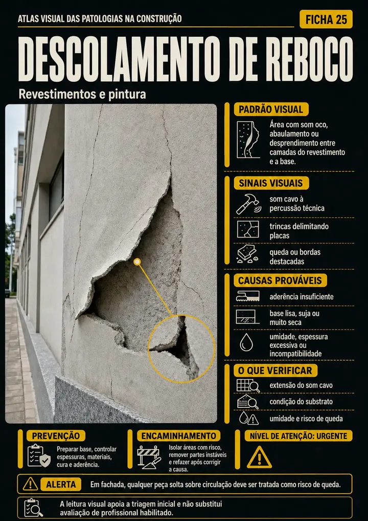 Ficha técnica com fotografia da patologia e blocos de causas prováveis e riscos.