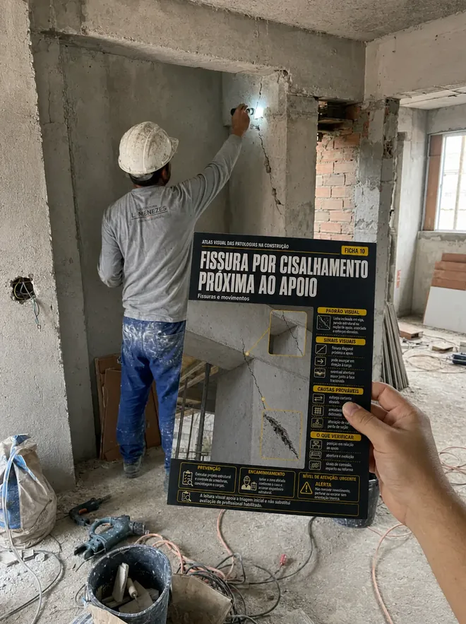 Técnico segura a ficha ao lado de um descolamento de reboco durante a vistoria.